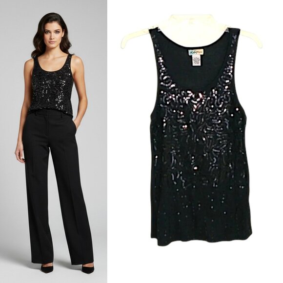 Rebellion Tops - Rebellion Shimmy Sequin Front Tank Top Wmn's Sz L Black Stretch Knit Scoop Neck